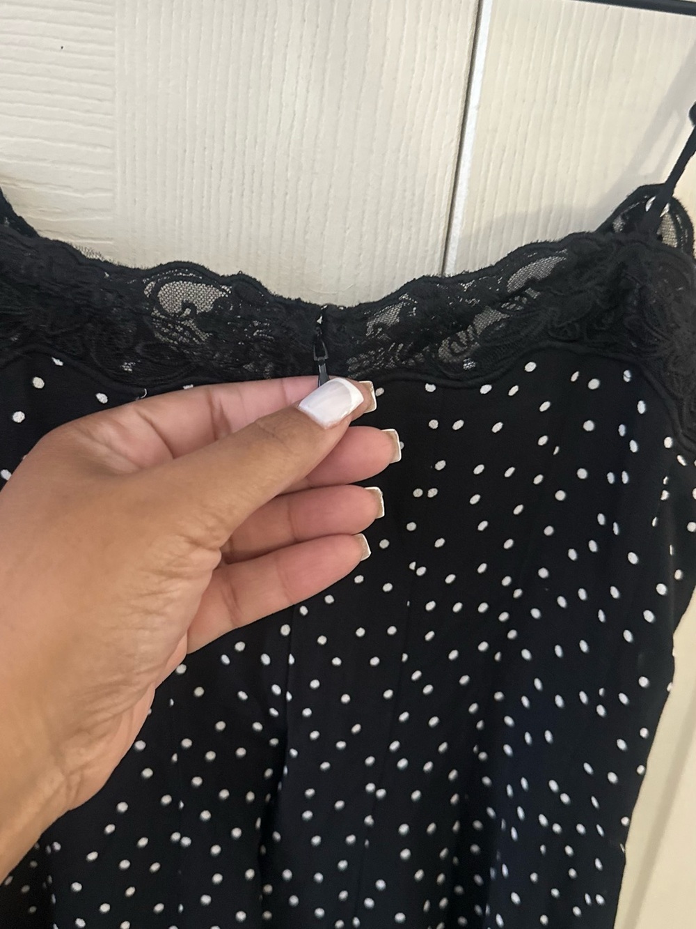 Reformation Black with White Polka Dots Lace-Trim Midi Slip Dress w/Split Sz 4 - Picture 9 of 15